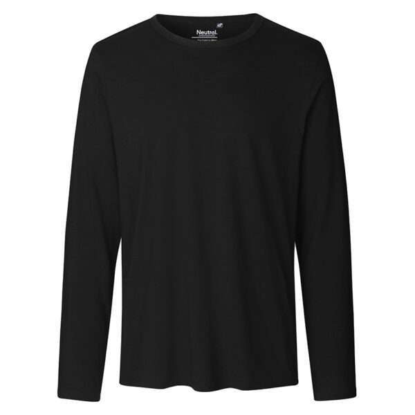 Schwarzes langärmeliges T-Shirt mit Rundhalsausschnitt vor weißem Hintergrund