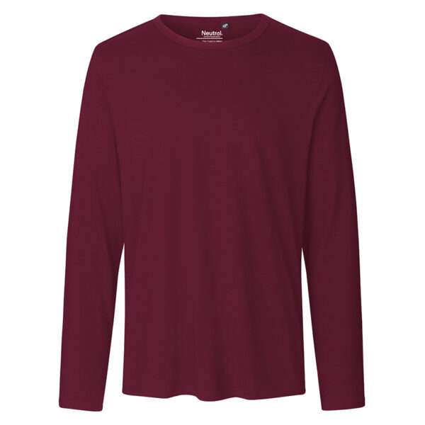 Bordeauxfarbenes Langarmshirt mit Rundhalsausschnitt, frontal auf weißem Hintergrund