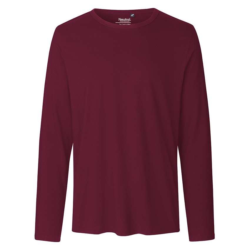 Bordeauxfarbenes Langarmshirt mit Rundhalsausschnitt, frontal auf weißem Hintergrund