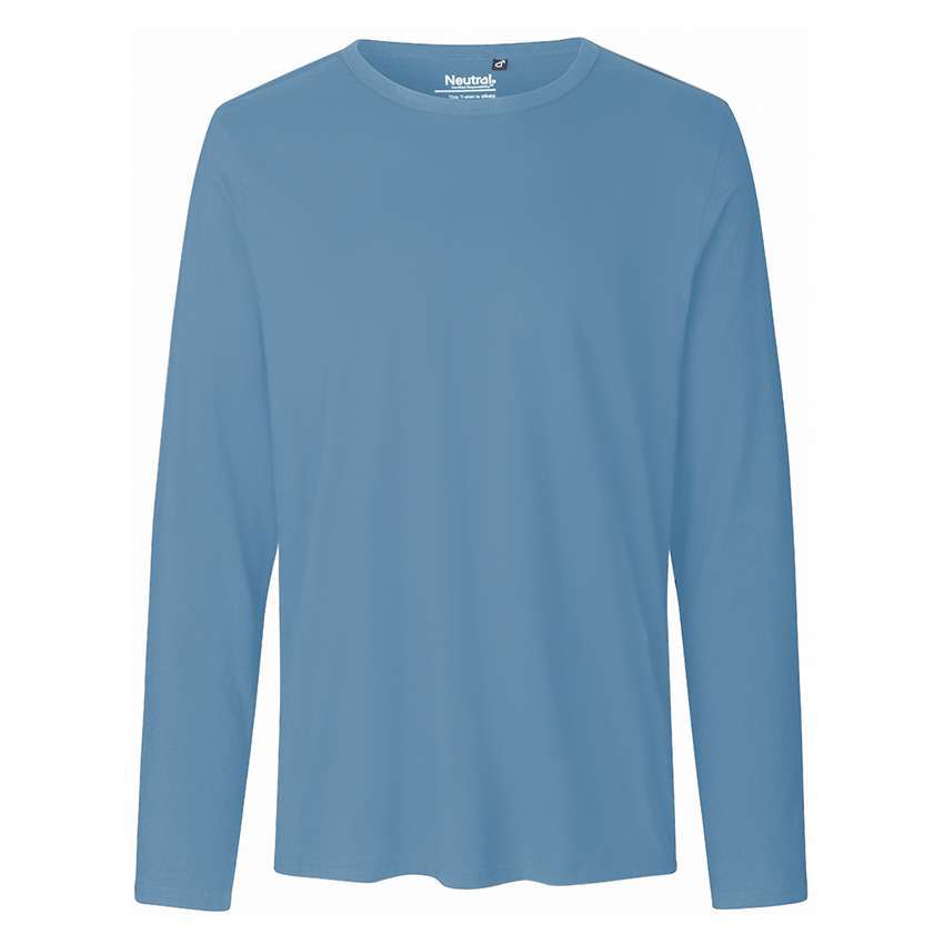 Blaues, schlichtes Langarmshirt mit Rundhalsausschnitt, frontale Ansicht