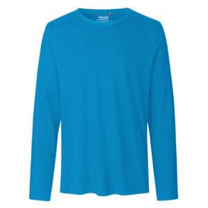 Ein schlichtes türkisblaues Langarmshirt mit Rundhalsausschnitt, Vorderansicht