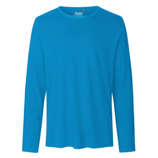 Ein schlichtes türkisblaues Langarmshirt mit Rundhalsausschnitt, Vorderansicht