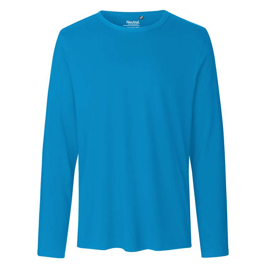 Ein schlichtes türkisblaues Langarmshirt mit Rundhalsausschnitt, Vorderansicht