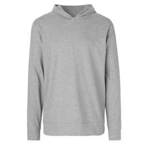 Grau melierter Kapuzenpullover mit langen Ärmeln, schlicht frontal abgebildet