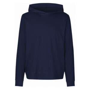 Dunkelblauer Kapuzenpullover ohne Kordel, lange Ärmel und gerader Saum