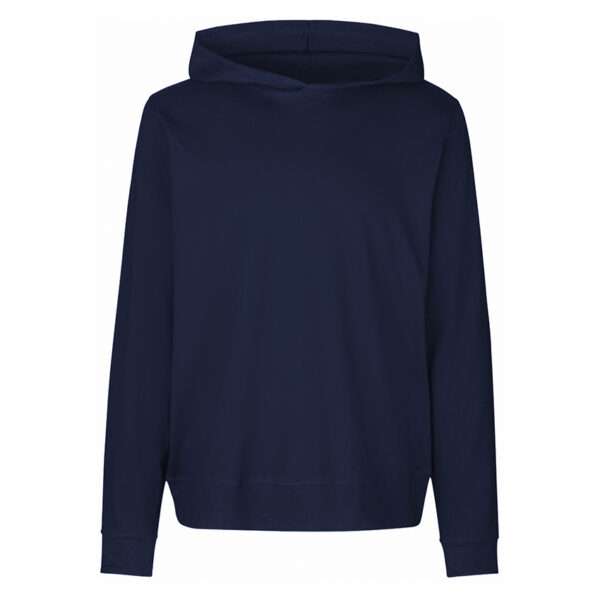 Dunkelblauer Kapuzenpullover ohne Kordel, lange Ärmel und gerader Saum