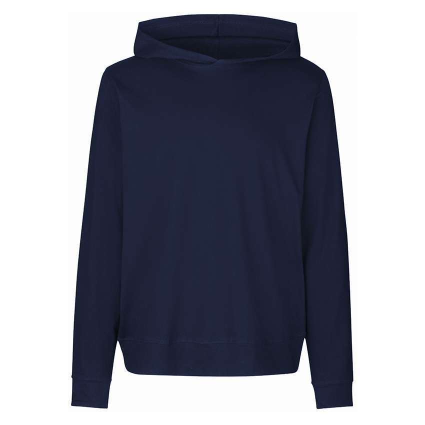 Dunkelblauer Kapuzenpullover ohne Kordel, lange Ärmel und gerader Saum