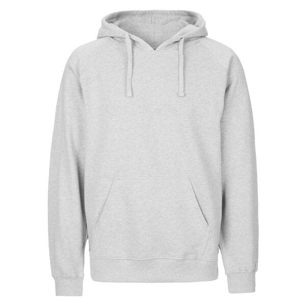 Hellgrauer Kapuzenpullover mit Kängurutasche und Kordel, frontale Ansicht