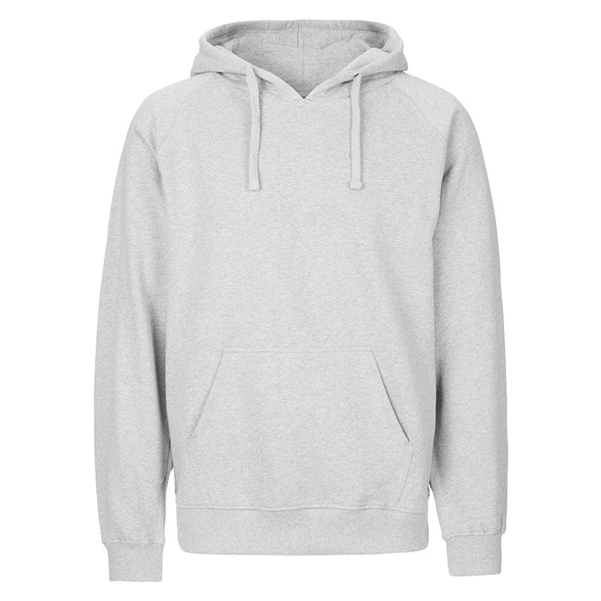 Hellgrauer Kapuzenpullover mit Kängurutasche und Kordel, frontale Ansicht