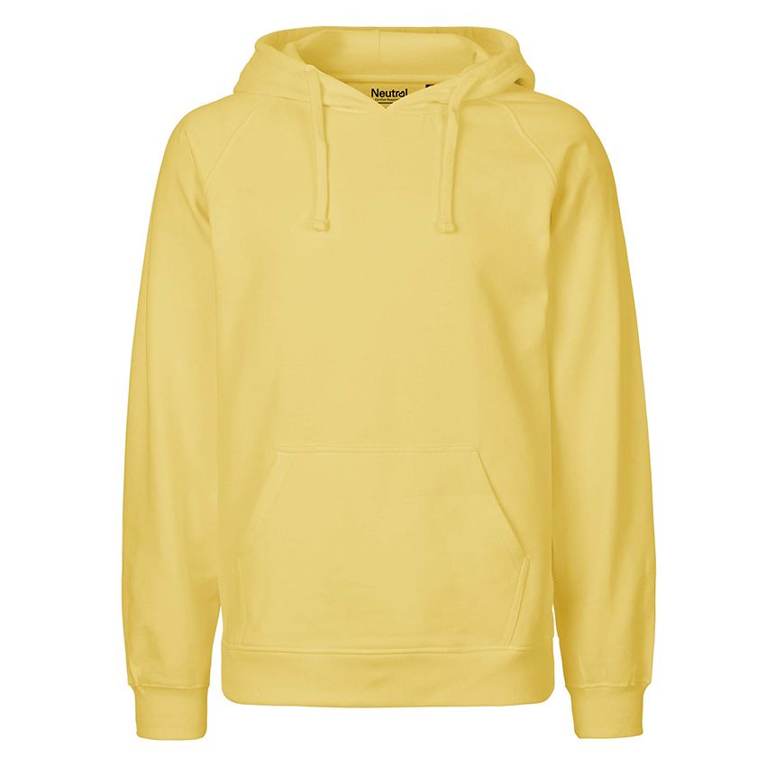 Hellgelber Kapuzenpullover mit Kängurutasche und Kordelzug, frontal
