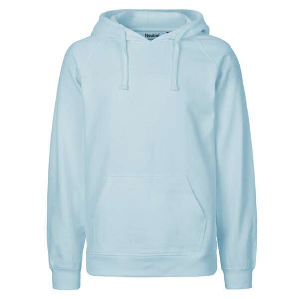 Hellblauer Kapuzenpullover mit Kängurutasche und Kordeln, frontal freigestellt