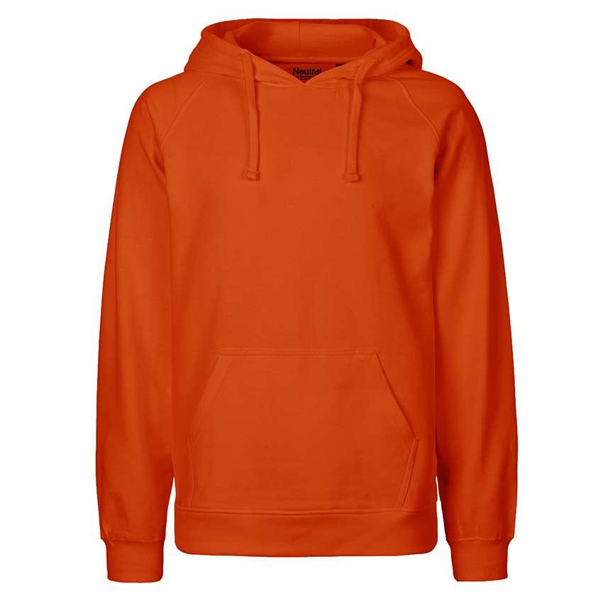 Oranger Kapuzenpullover mit Kängurutasche und Kordelzug, frontal fotografiert