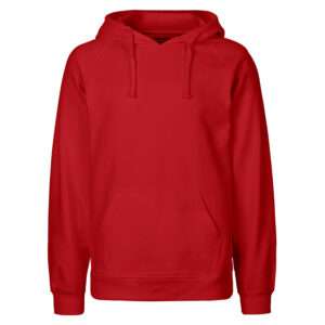 Rotes Kapuzenpulli mit Kängurutasche und Schnürzug, frontal fotografiert