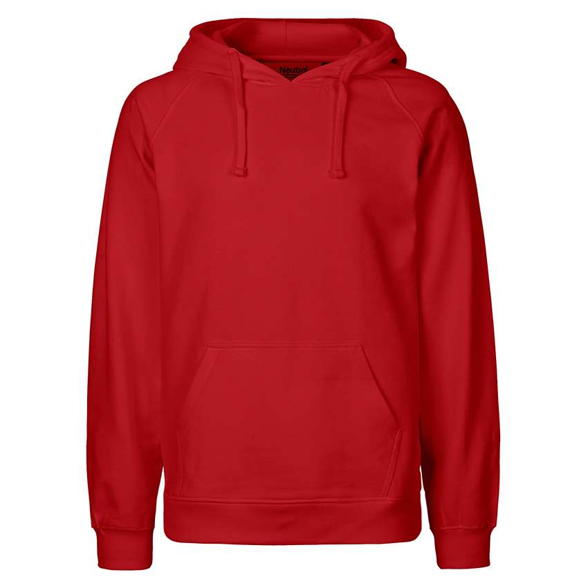 Rotes Kapuzenpulli mit Kängurutasche und Schnürzug, frontal fotografiert