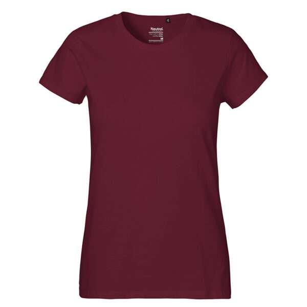 Bordeauxrotes Damen-T-Shirt mit Rundhalsausschnitt und kurzen Ärmeln, gerade geschnitten