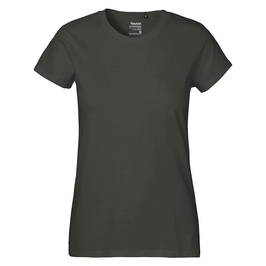 Damen-T-Shirt mit tailliertem Schnitt, dunkeloliv, Rundhalsausschnitt, kurzärmlig