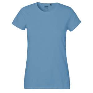 Hellblaues Damen-T-Shirt mit Rundhalsausschnitt, kurzen Ärmeln, frontale Ansicht