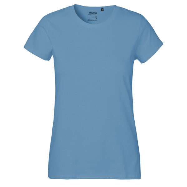 Hellblaues Damen-T-Shirt mit Rundhalsausschnitt, kurzen Ärmeln, frontale Ansicht