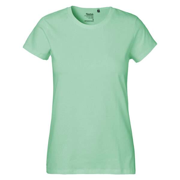 Hellgrünes Damen-T-Shirt mit Rundhals und kurzen Ärmeln vor weißem Hintergrund