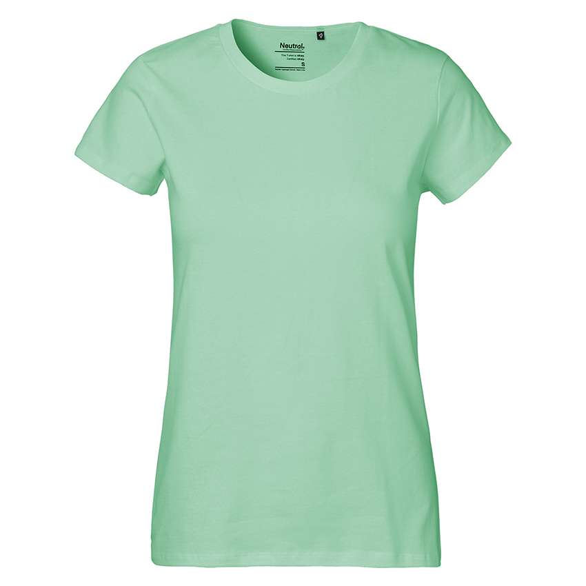 Hellgrünes Damen-T-Shirt mit Rundhals und kurzen Ärmeln vor weißem Hintergrund