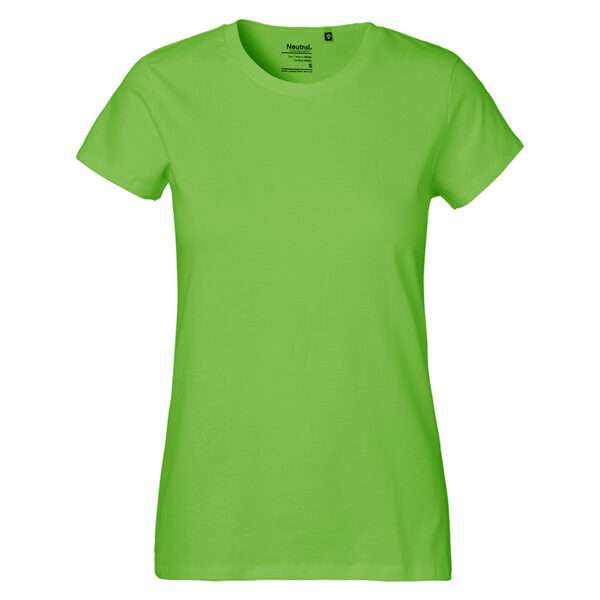 Leuchtgrünes Damen-T-Shirt mit Rundhalsausschnitt vor weißem Hintergrund
