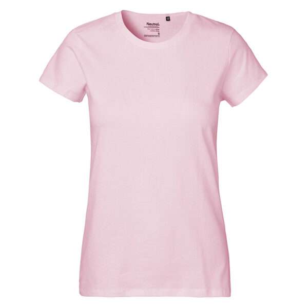 Helles rosa Damen-T-Shirt mit Rundhals und kurzen Ärmeln vor weißem Hintergrund