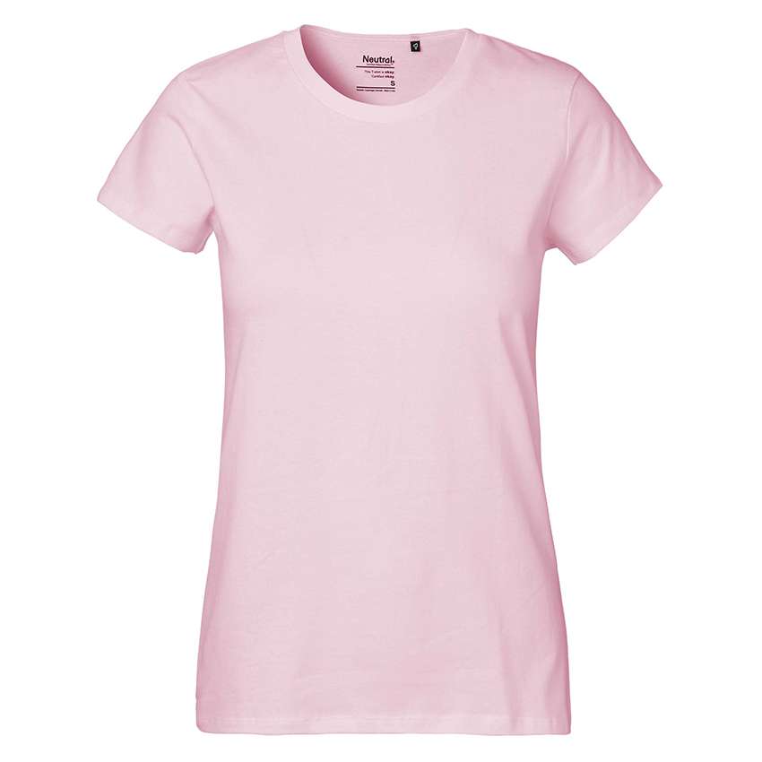Helles rosa Damen-T-Shirt mit Rundhals und kurzen Ärmeln vor weißem Hintergrund