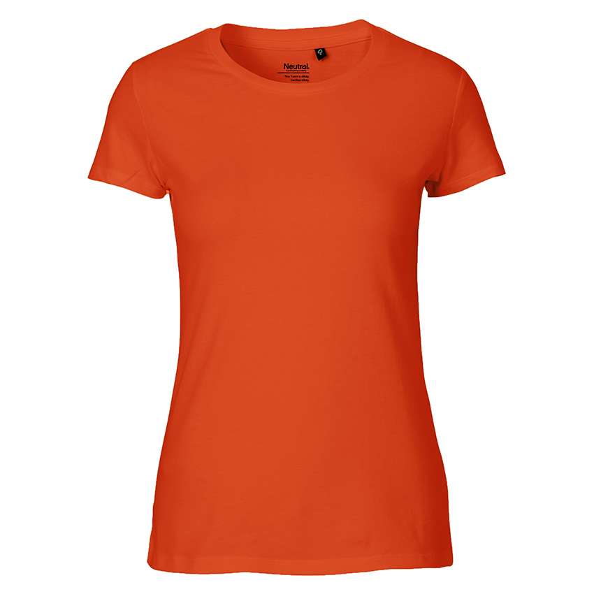 Oranges Damen-T-Shirt mit Rundhals und kurzen Ärmeln vor weißem Hintergrund