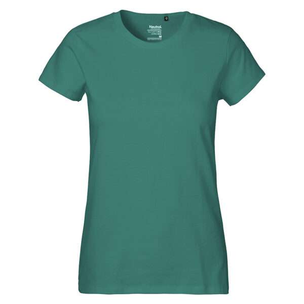 Damen-T-Shirt petrolgrün mit Rundhalsausschnitt und kurzen Ärmeln vor weißem Hintergrund