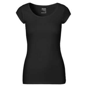 Schwarzes tailliertes Damen-T-Shirt mit Rundhalsausschnitt und kurzen Kappenärmeln