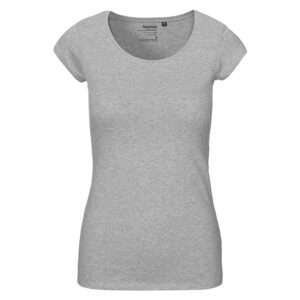 Graues, tailliertes Damen-T-Shirt mit Rundhalsausschnitt und kurzen Ärmeln