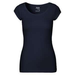 Dunkelblaues, tailliertes Damen-T-Shirt mit Rundhalsausschnitt und kurzen Ärmeln