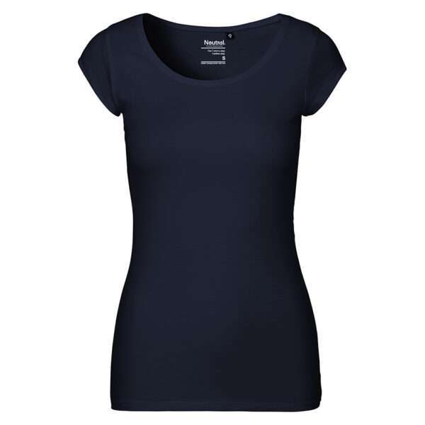 Dunkelblaues, tailliertes Damen-T-Shirt mit Rundhalsausschnitt und kurzen Ärmeln