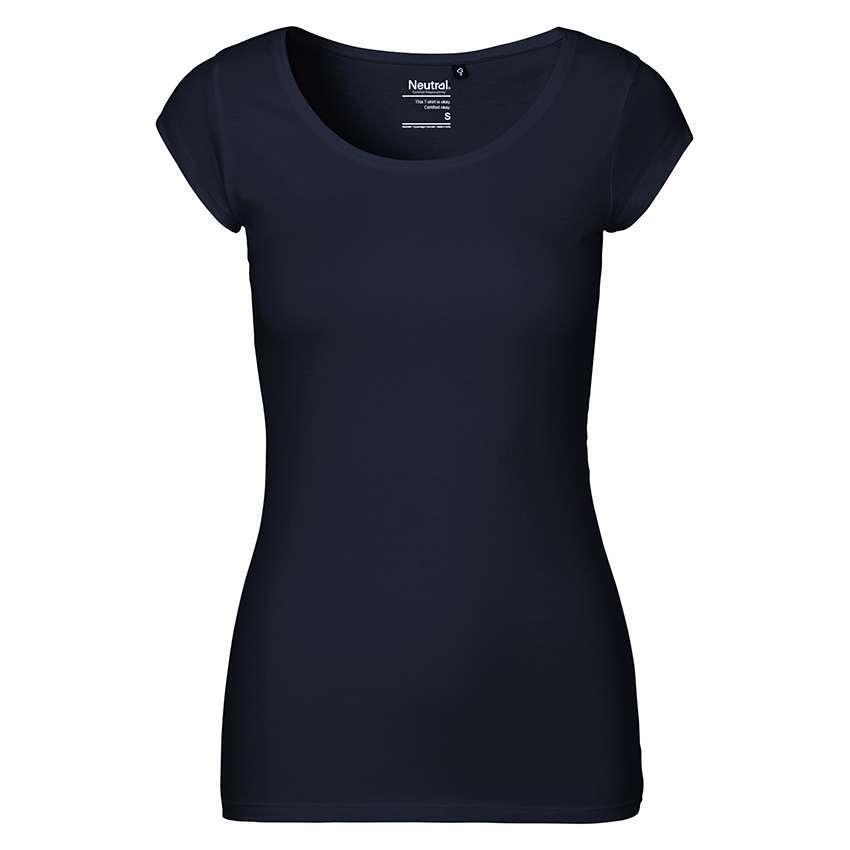 Dunkelblaues, tailliertes Damen-T-Shirt mit Rundhalsausschnitt und kurzen Ärmeln