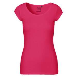 Fuchsia-pinkes, tailliertes Damen-T-Shirt mit Rundhalsausschnitt und kurzen Ärmeln
