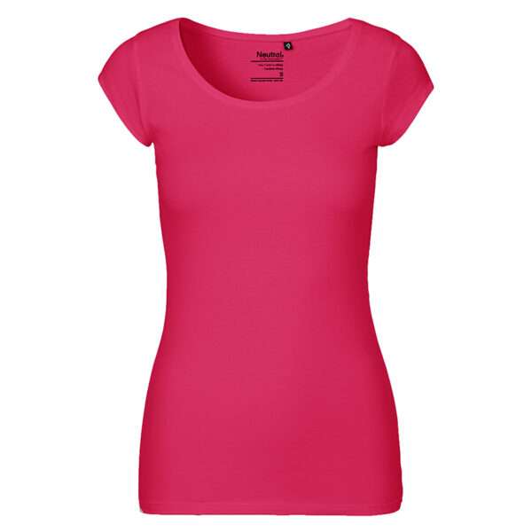 Fuchsia-pinkes, tailliertes Damen-T-Shirt mit Rundhalsausschnitt und kurzen Ärmeln