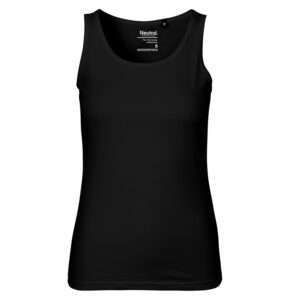 Schwarzes, tailliertes Damen-Top mit rundem Ausschnitt (Vorderansicht).