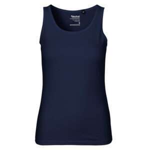Dunkelblaues, ärmelloses Damen-Top mit Rundhalsausschnitt und figurbetonter Passform.