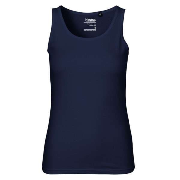 Dunkelblaues, ärmelloses Damen-Top mit Rundhalsausschnitt und figurbetonter Passform.