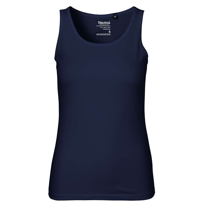 Dunkelblaues, ärmelloses Damen-Top mit Rundhalsausschnitt und figurbetonter Passform.