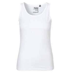 Weißes ärmelloses Tanktop mit Rundhalsausschnitt vor weißem Hintergrund.