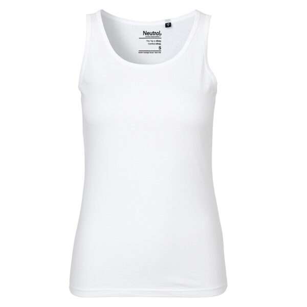 Weißes ärmelloses Tanktop mit Rundhalsausschnitt vor weißem Hintergrund.