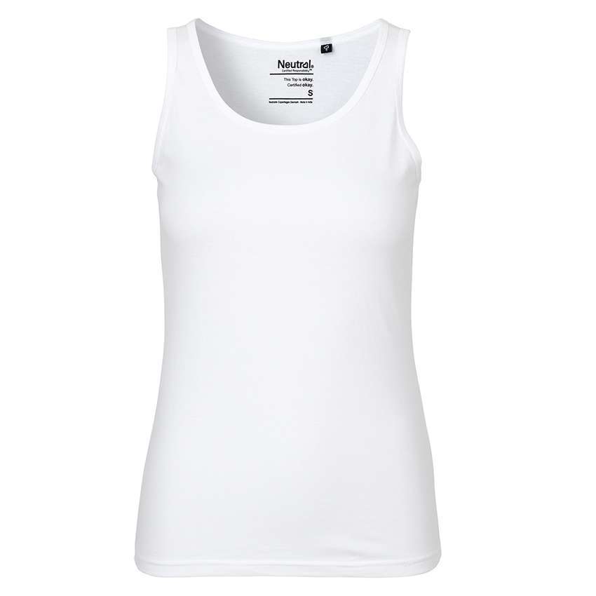 Weißes ärmelloses Tanktop mit Rundhalsausschnitt vor weißem Hintergrund.