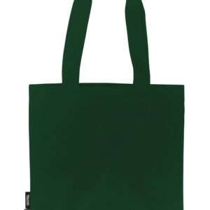 Dunkelgrüne Baumwoll-Tragetasche mit langen Henkeln und Fairtrade-Label
