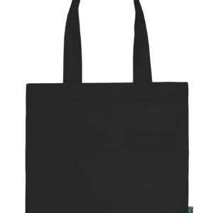 Schwarze Stofftragetasche mit langen Henkeln und Fairtrade-Label seitlich