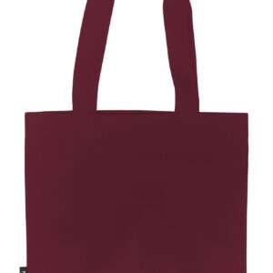 Dunkelroter Stoff-Einkaufstasche mit langen Henkeln und Fairtrade-Label