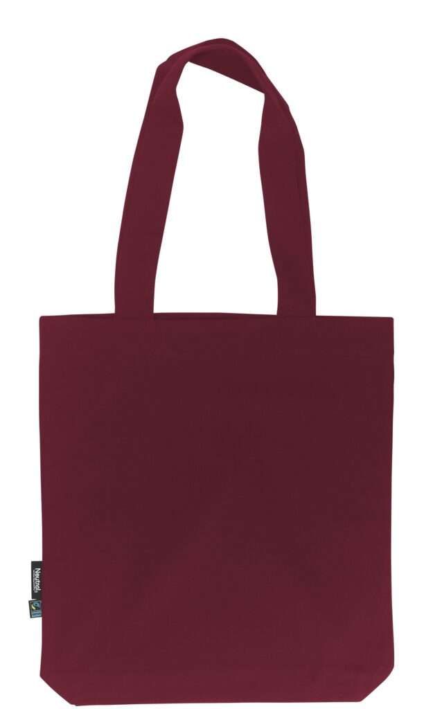 Dunkelroter Stoff-Einkaufstasche mit langen Henkeln und Fairtrade-Label
