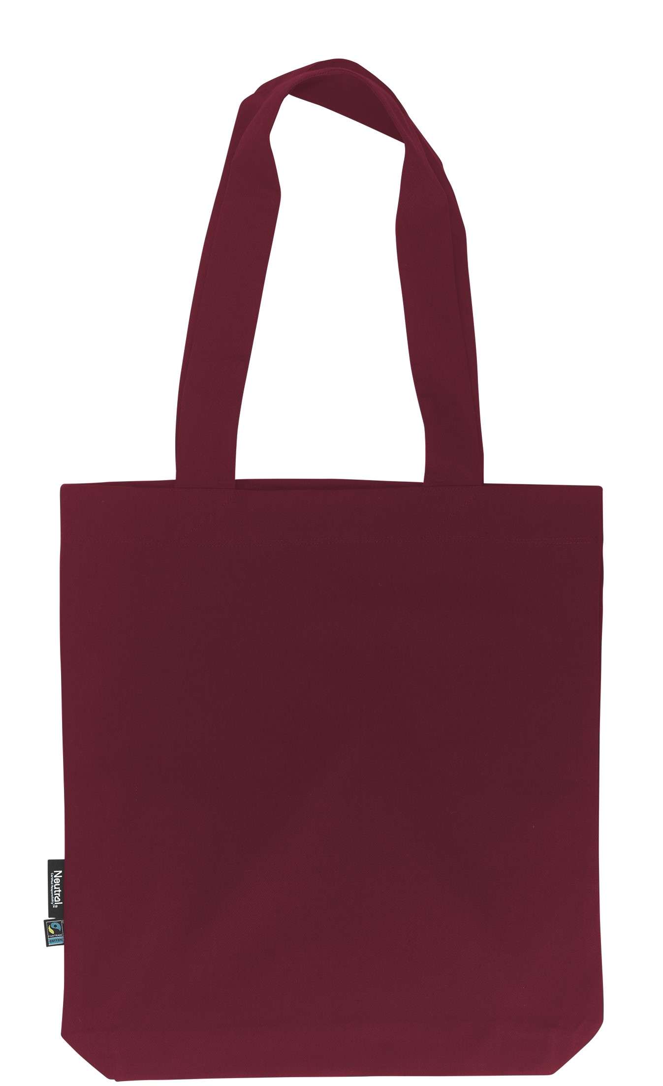 Dunkelroter Stoff-Einkaufstasche mit langen Henkeln und Fairtrade-Label