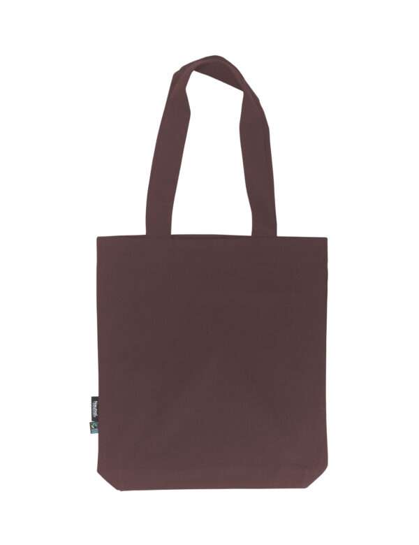 Dunkelrote Stofftasche mit langen Henkeln und Fairtrade-Label