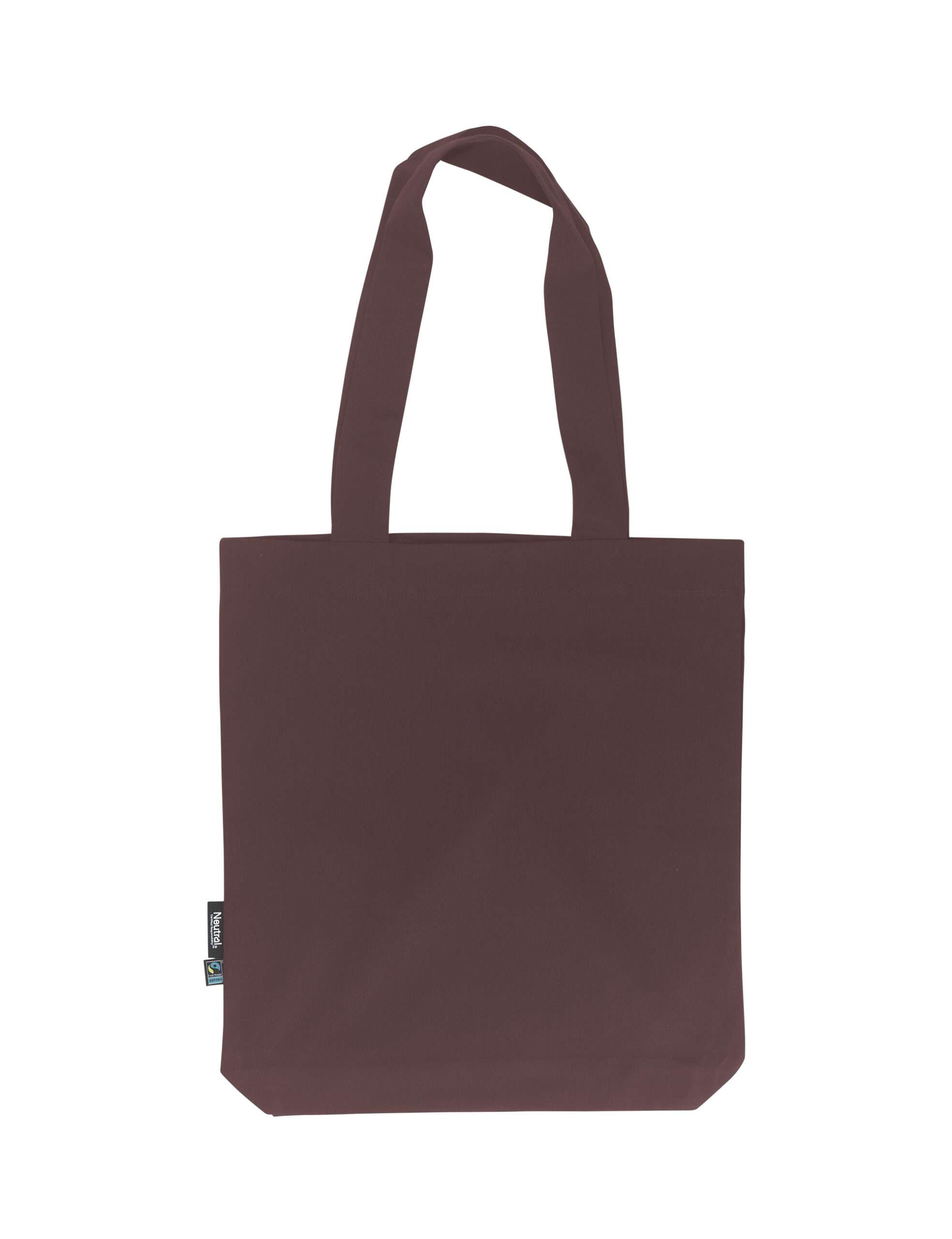 Dunkelrote Stofftasche mit langen Henkeln und Fairtrade-Label